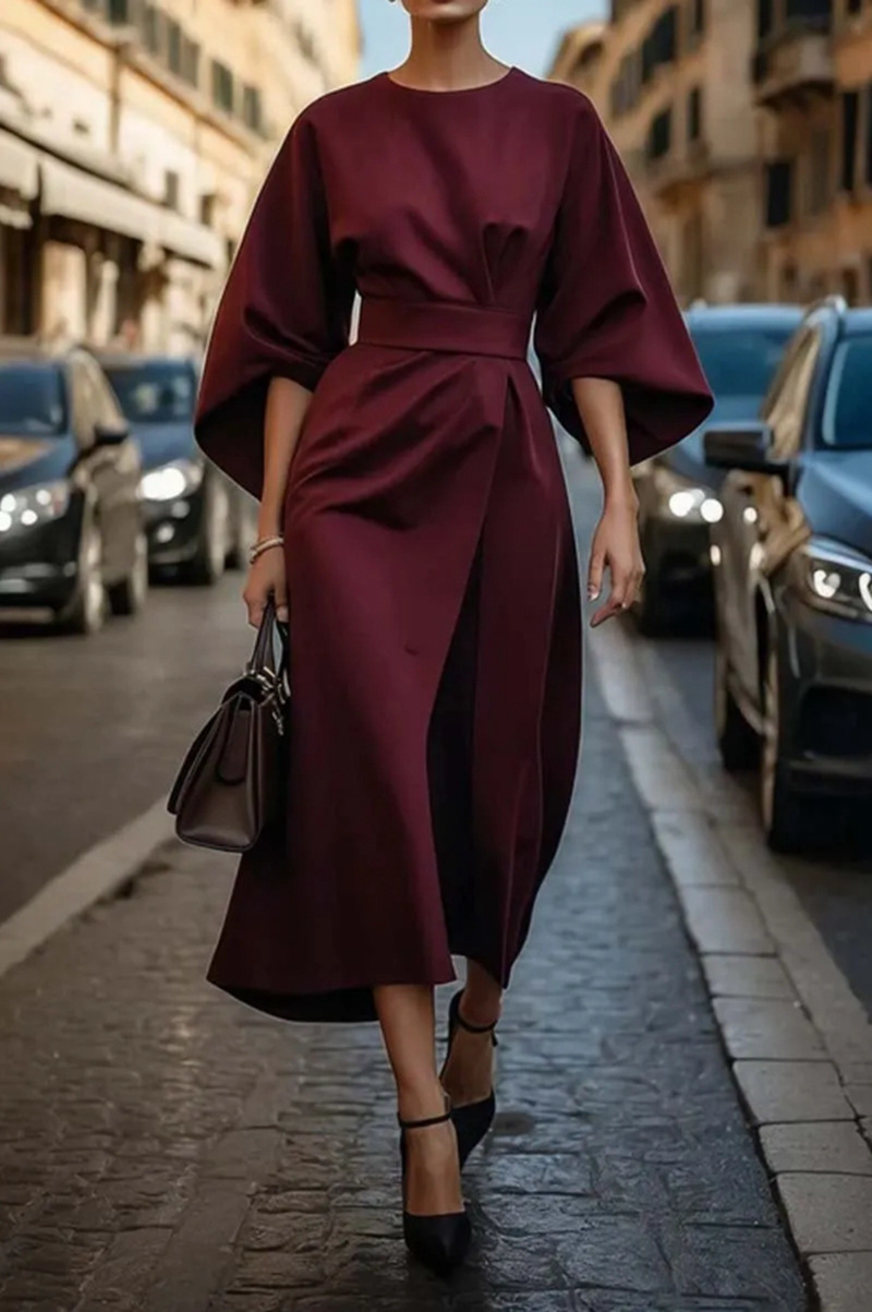 Spring Fashion Solid Color Long Dresses Woman Sexy Round Neck Bat Sleeve High Waist Dress Elegant Commuting Lady Dr - detail 1