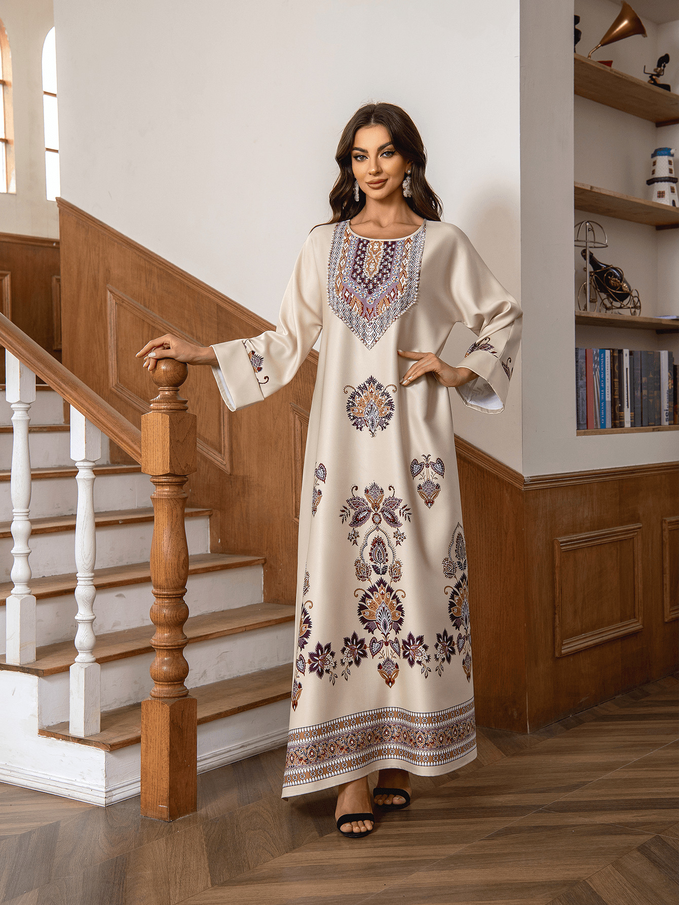 New Robe Muslim Dress Women's Round Neck Long Sleeve Retro Printed Hot Diamond Nail Bead Loose A-line Robe Spring Summer - detail 11