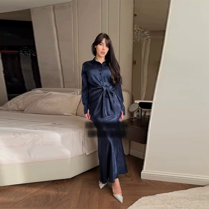 Women's Lapel Irregular Button Long Sleeve Top Long Skirt Suit - detail 4