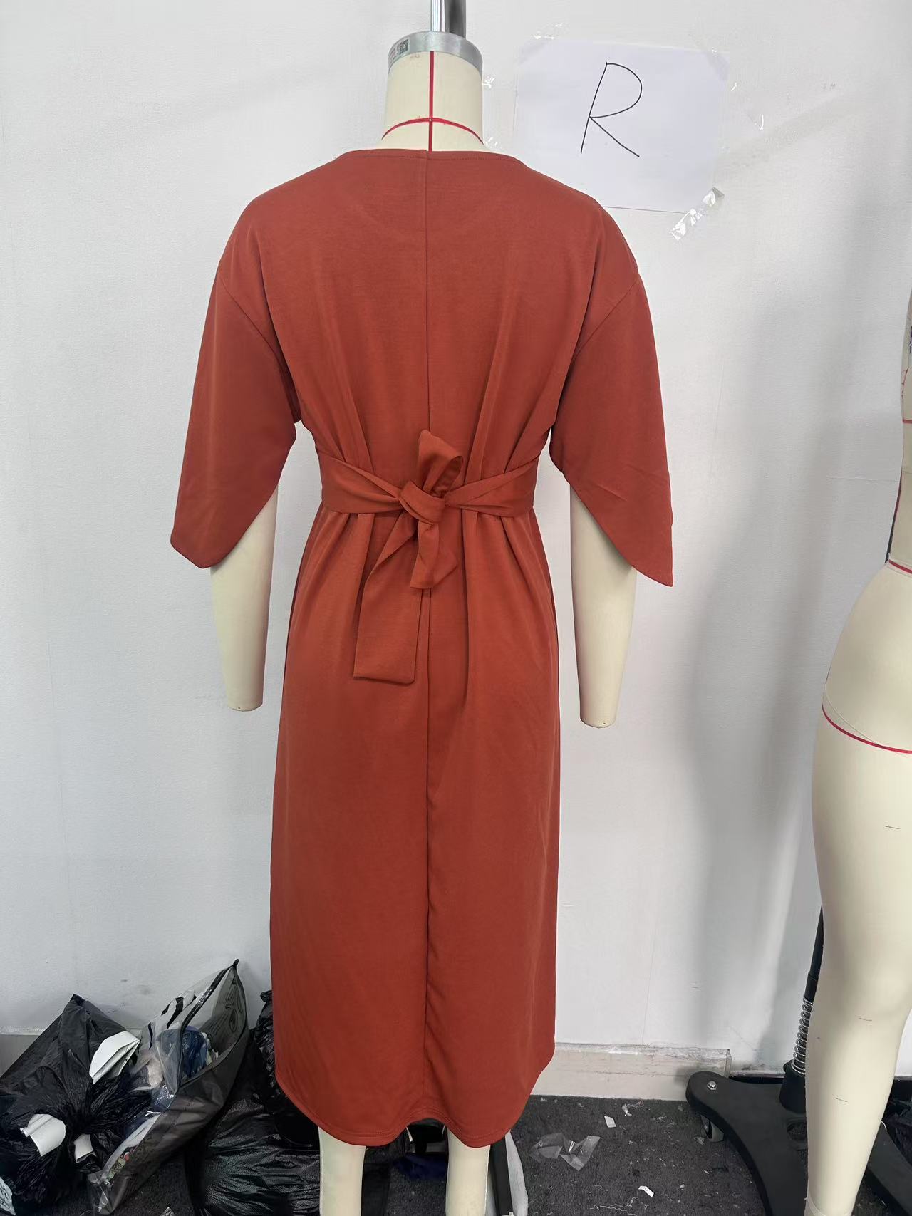 Spring Fashion Solid Color Long Dresses Woman Sexy Round Neck Bat Sleeve High Waist Dress Elegant Commuting Lady Dr - detail 12