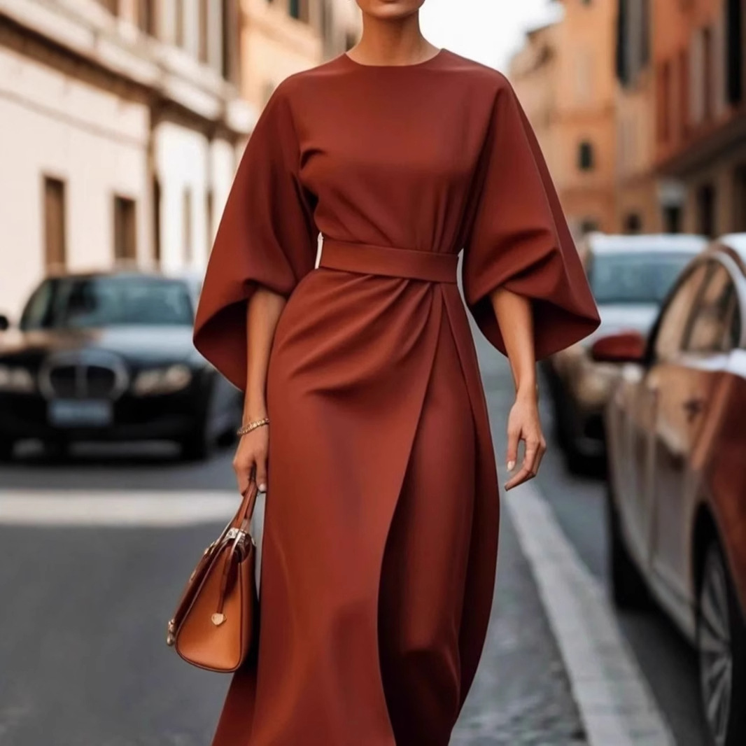 Spring Fashion Solid Color Long Dresses Woman Sexy Round Neck Bat Sleeve High Waist Dress Elegant Commuting Lady Dr - detail 3