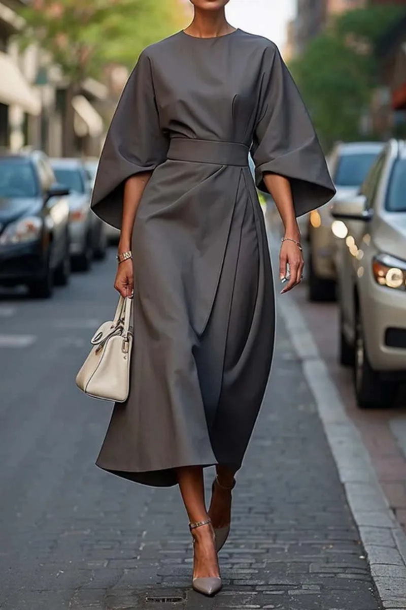 Spring Fashion Solid Color Long Dresses Woman Sexy Round Neck Bat Sleeve High Waist Dress Elegant Commuting Lady Dr - detail 2