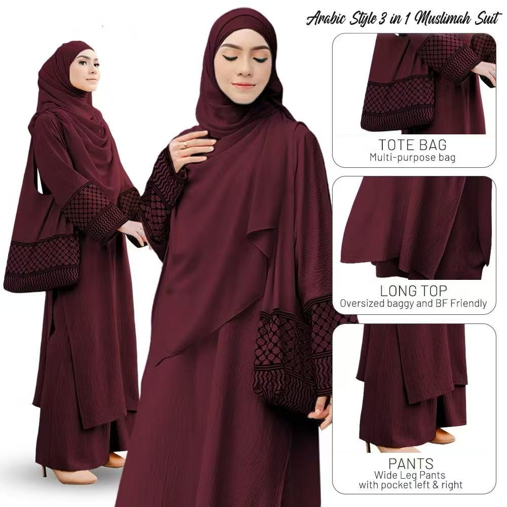 New Three Piece Bag Muslim Solid Color Cotton Hemp Wrinkle Fashion Loose Large Robe Ramadan Dubai Luxury Islam Eleg - detail 5