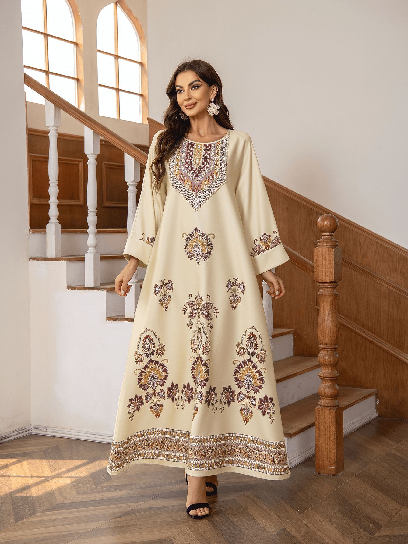 New Robe Muslim Dress Women's Round Neck Long Sleeve Retro Printed Hot Diamond Nail Bead Loose A-line Robe Spring Summer - detail 2