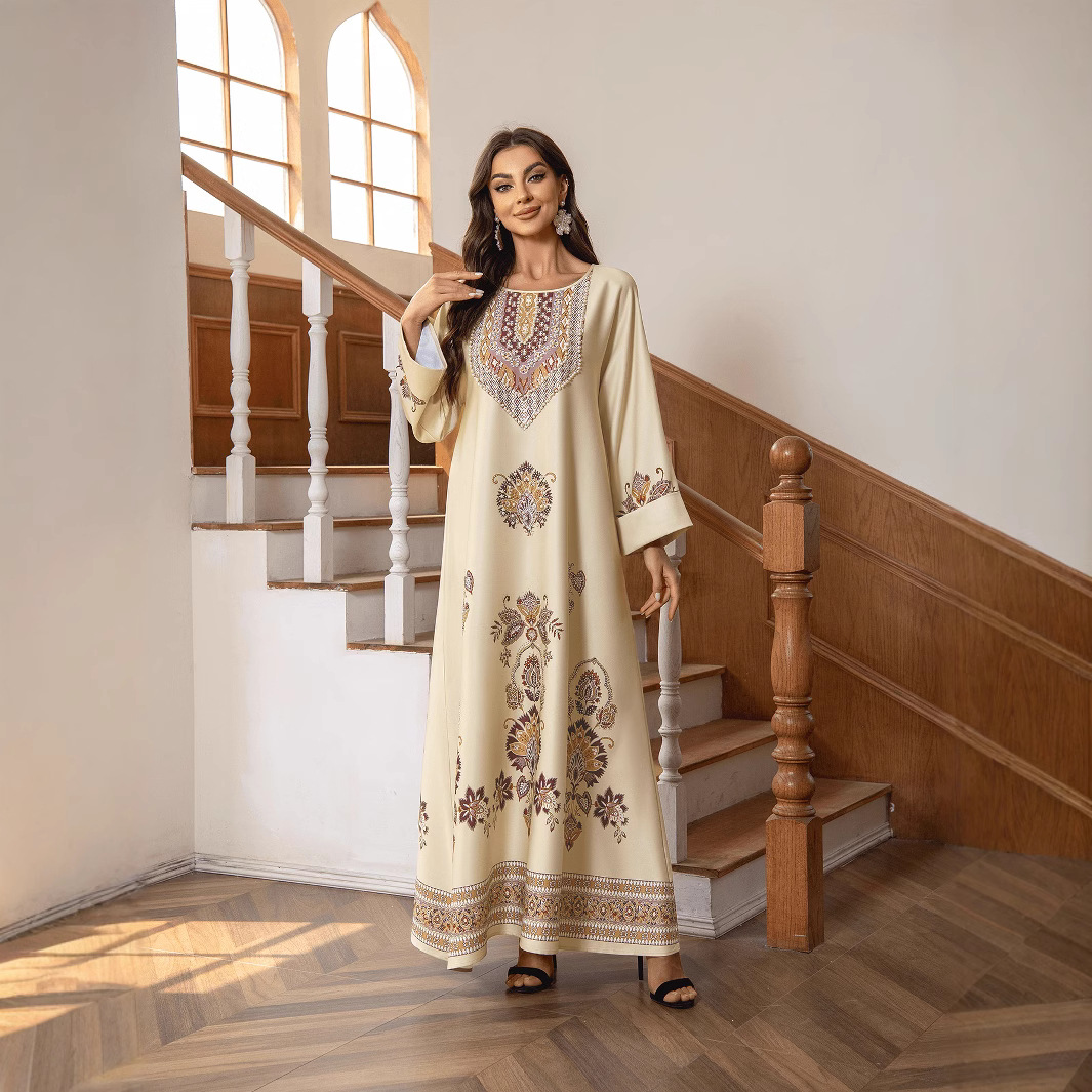 New Robe Muslim Dress Women's Round Neck Long Sleeve Retro Printed Hot Diamond Nail Bead Loose A-line Robe Spring Summer - detail 4