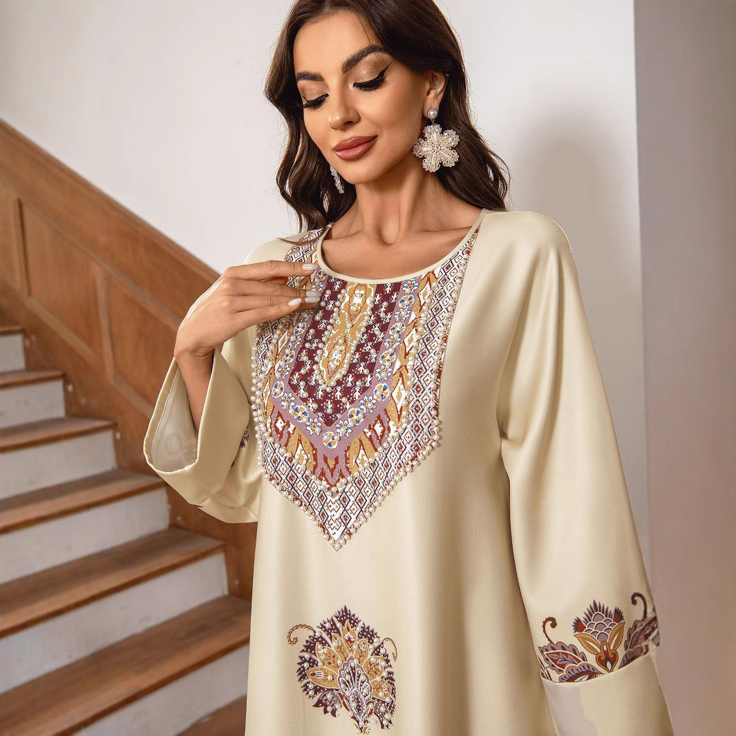 New Robe Muslim Dress Women's Round Neck Long Sleeve Retro Printed Hot Diamond Nail Bead Loose A-line Robe Spring Summer - detail 6