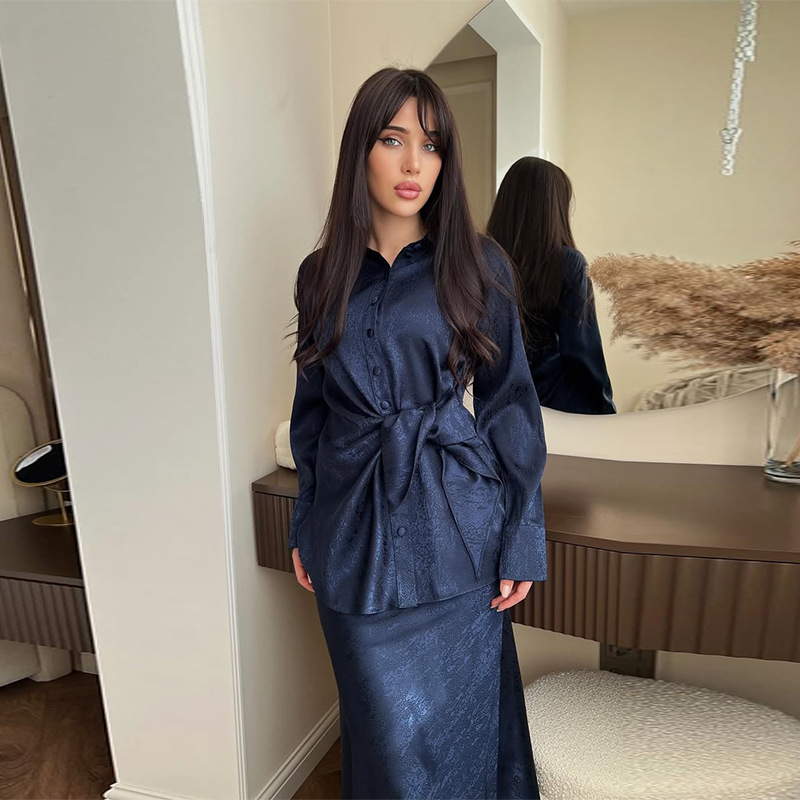Women's Lapel Irregular Button Long Sleeve Top Long Skirt Suit - detail 3