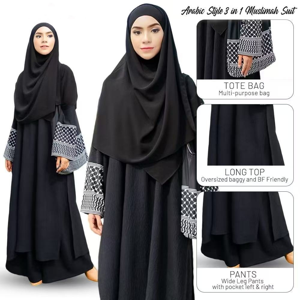 New Three Piece Bag Muslim Solid Color Cotton Hemp Wrinkle Fashion Loose Large Robe Ramadan Dubai Luxury Islam Eleg - detail 6