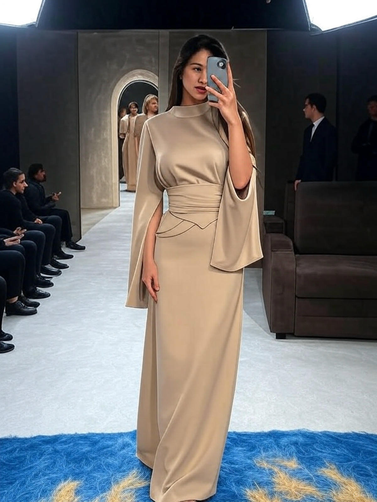 Royal Elegance Luxurious Satin High Collar Lantern Sleeve Dress for Timeless Vintage Glamour - detail 1