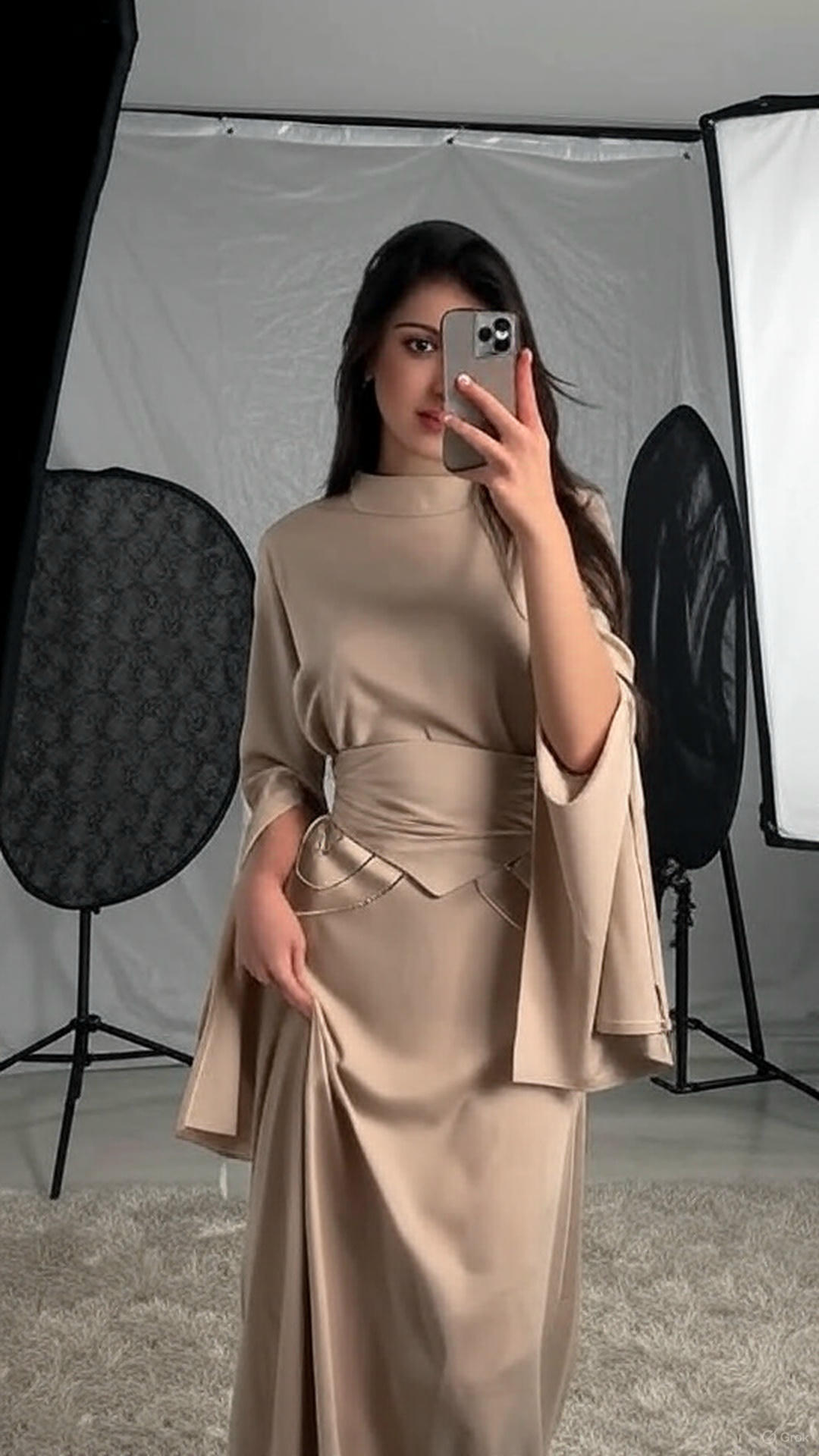 Royal Elegance Luxurious Satin High Collar Lantern Sleeve Dress for Timeless Vintage Glamour - detail 5