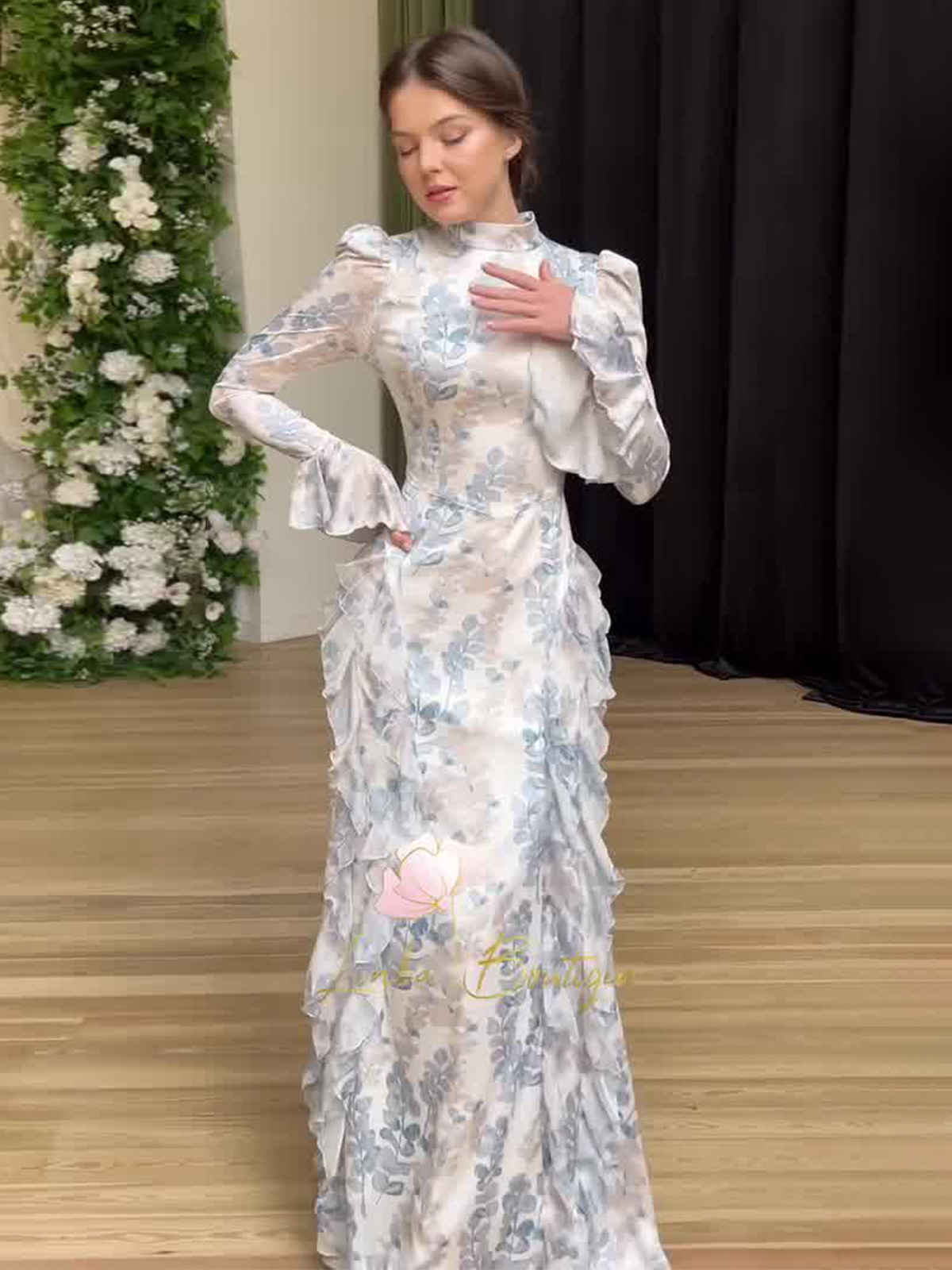 New in Spring Gentle Style Slim Fit Lace Up Printed Satin Dress Long Sleeved Long Dress for Women Elegent Woman Clothing - detail 3
