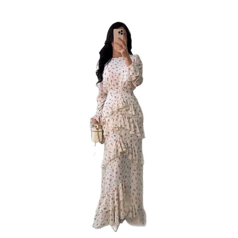 Elegant Ruffled Floral Maxi Dress Long Sleeve Layered & Flowy Chic Look - detail 3