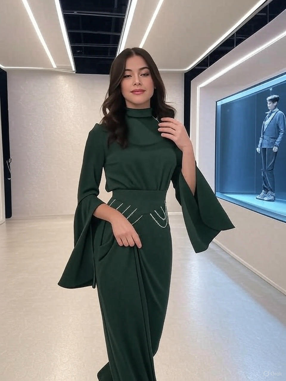 Royal Elegance Luxurious Satin High Collar Lantern Sleeve Dress for Timeless Vintage Glamour - detail 3