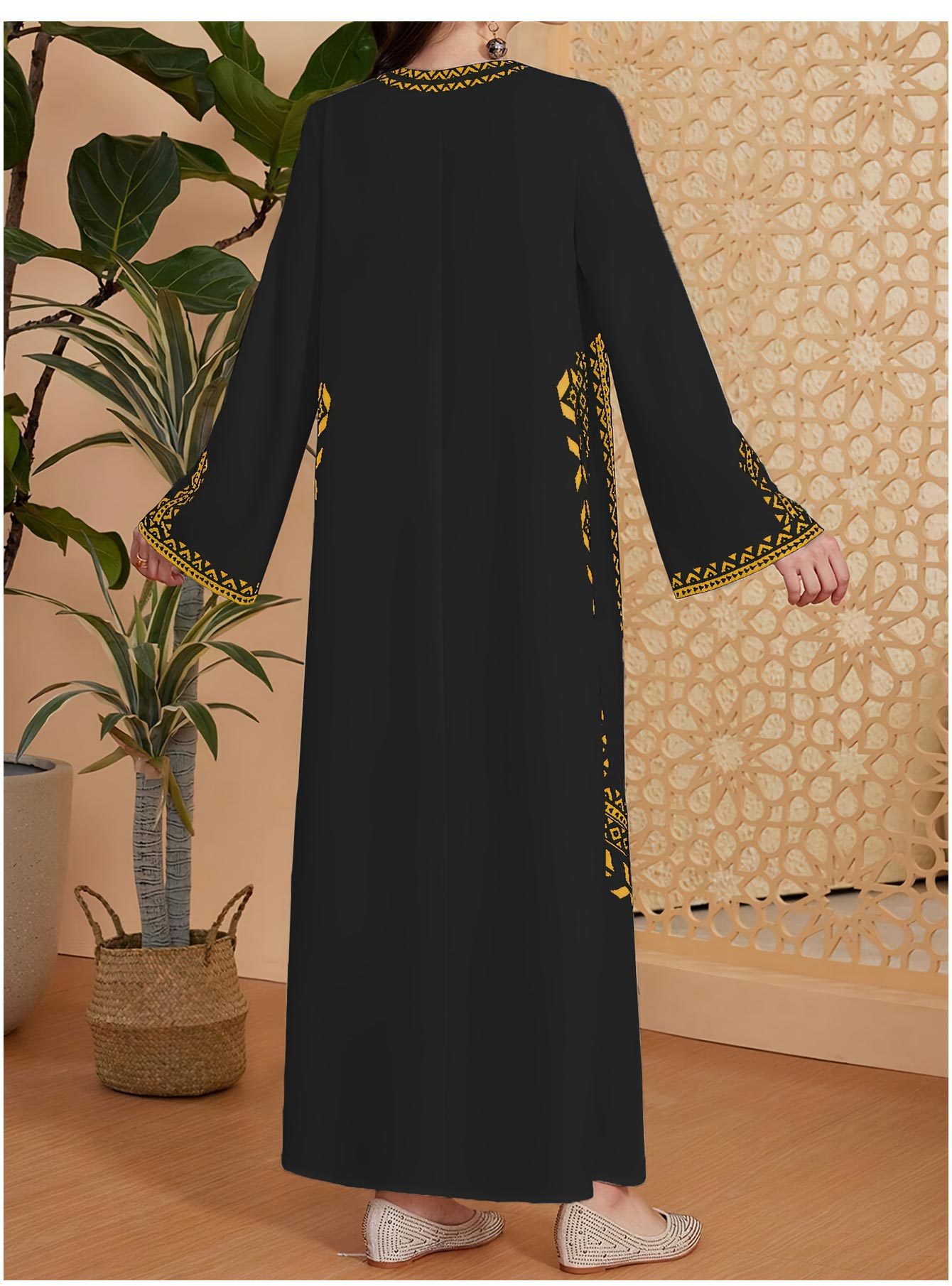 Middle East Muslim women's printed V-neck robe Arab ethnic style printed dress - detail 7