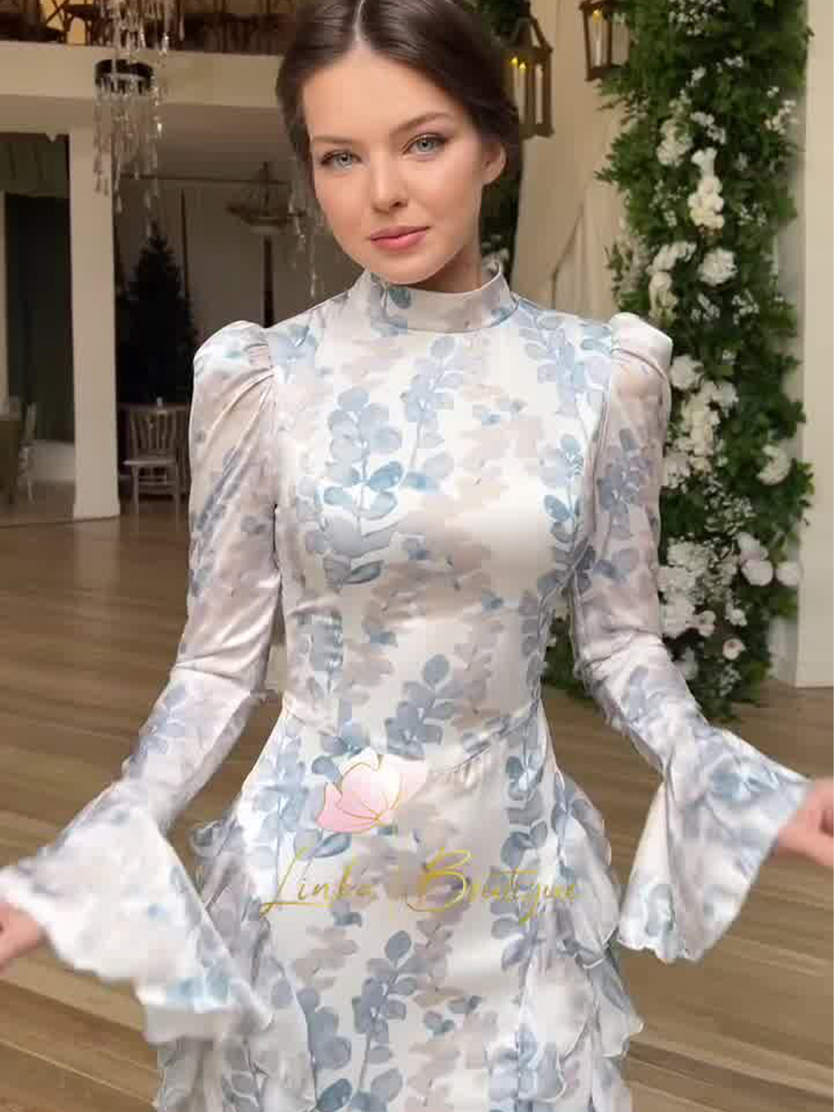 New in Spring Gentle Style Slim Fit Lace Up Printed Satin Dress Long Sleeved Long Dress for Women Elegent Woman Clothing - detail 2