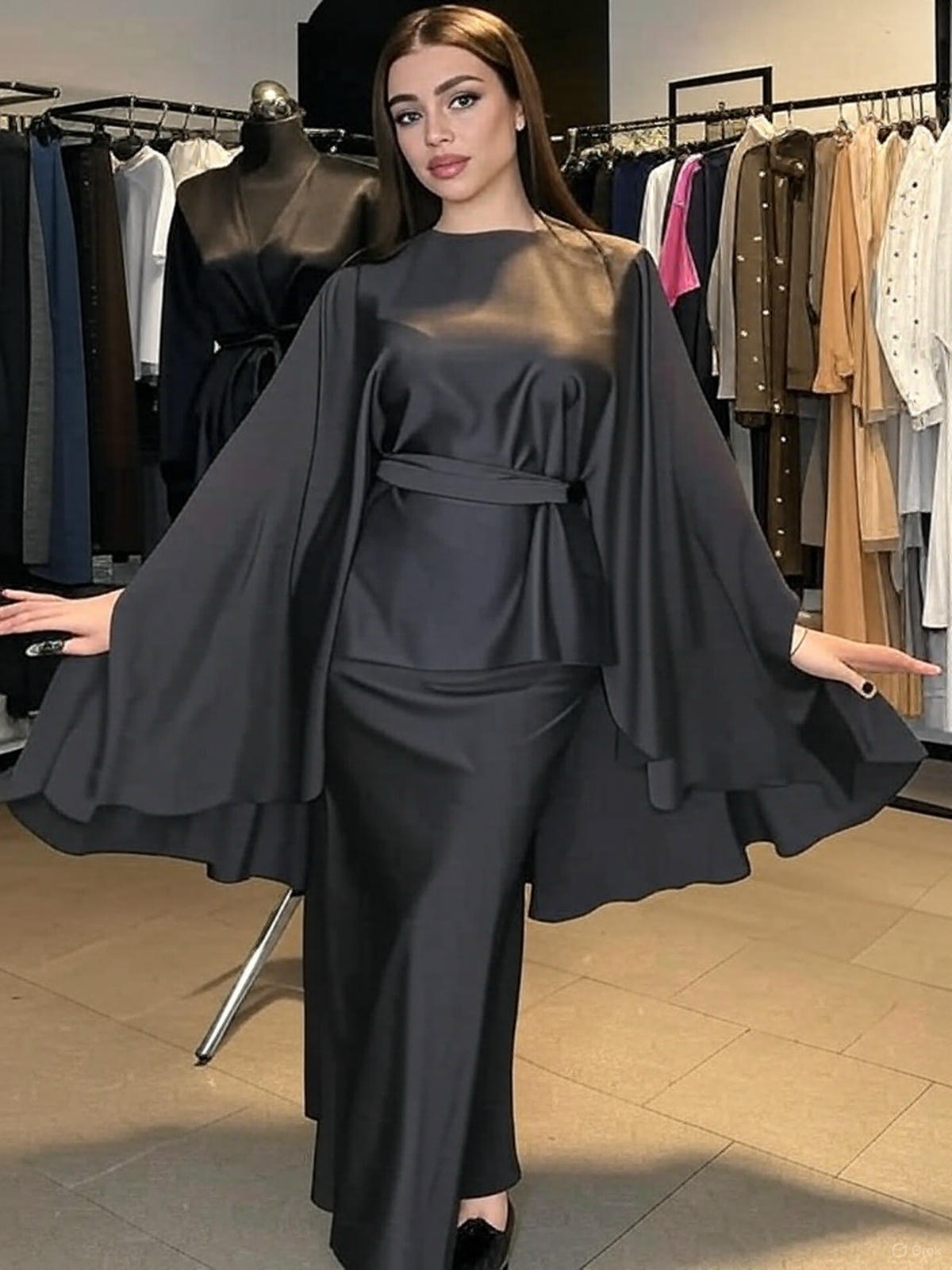 Luxury Elegance Lace-Up Ensemble – Chic Batwing Sleeve & Satin Drape Two-Piece Set for Timeless Grace - detail 4