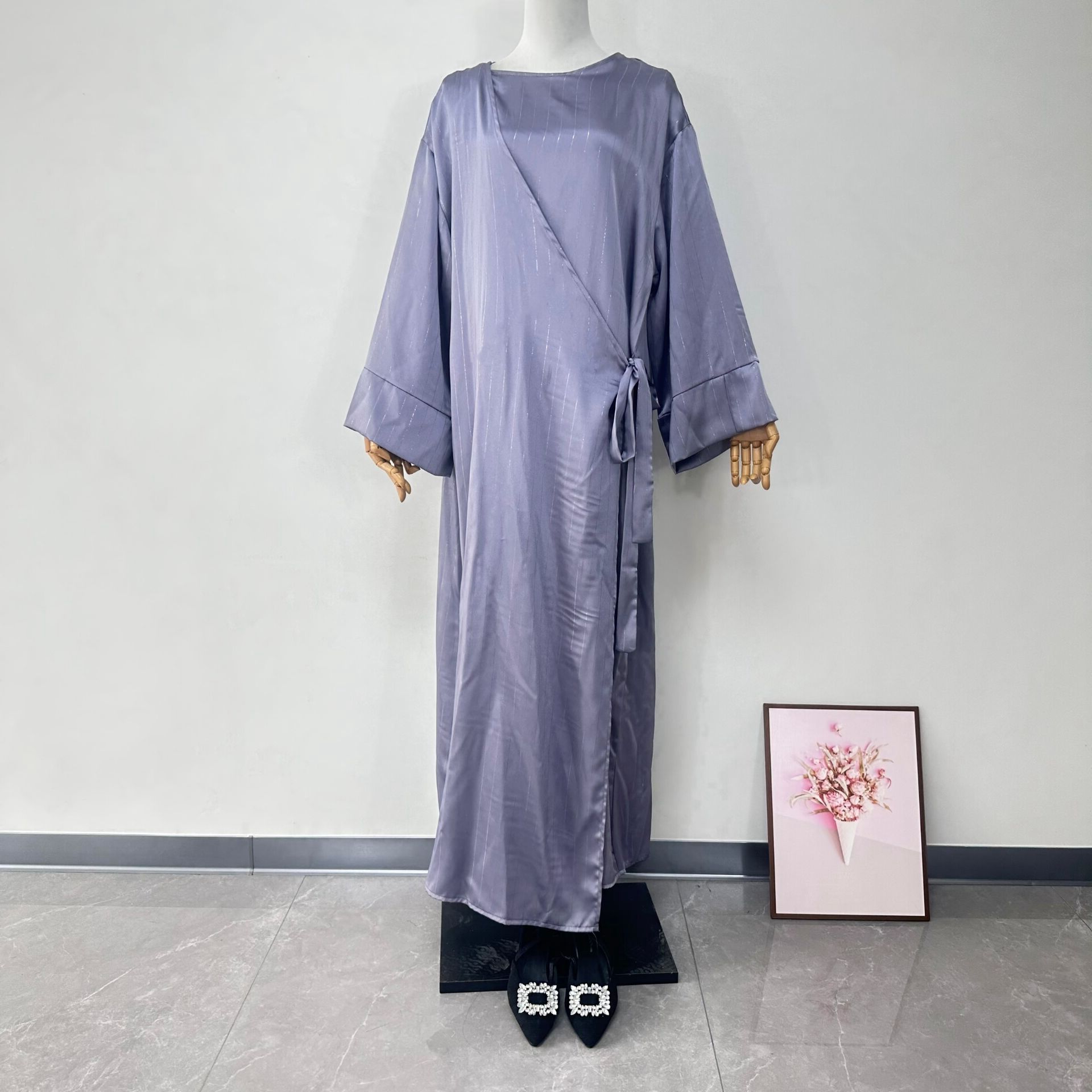 Side Wrap Abaya Ramadan Robe Muslim Women Dubai Islam Dress Satin Abayas Kebaya Caftan - detail 4
