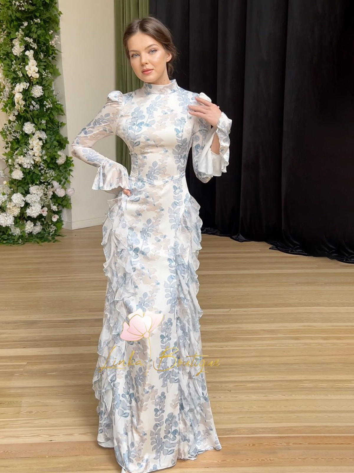 New in Spring Gentle Style Slim Fit Lace Up Printed Satin Dress Long Sleeved Long Dress for Women Elegent Woman Clothing - detail 5