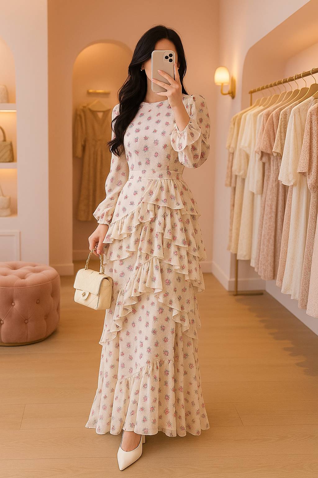 Elegant Ruffled Floral Maxi Dress Long Sleeve Layered & Flowy Chic Look - detail 1