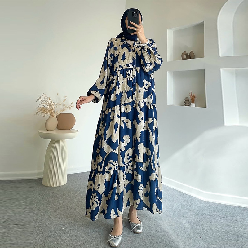 Women Casual Loose Fit Long Sleeve Round Neck Flowy A-line Printed Dress For Summer Everyday Wear Elegant - detail 4