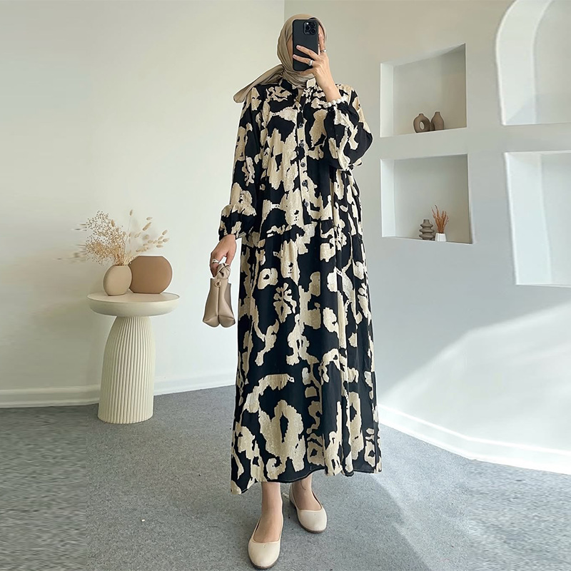 Women Casual Loose Fit Long Sleeve Round Neck Flowy A-line Printed Dress For Summer Everyday Wear Elegant - detail 2