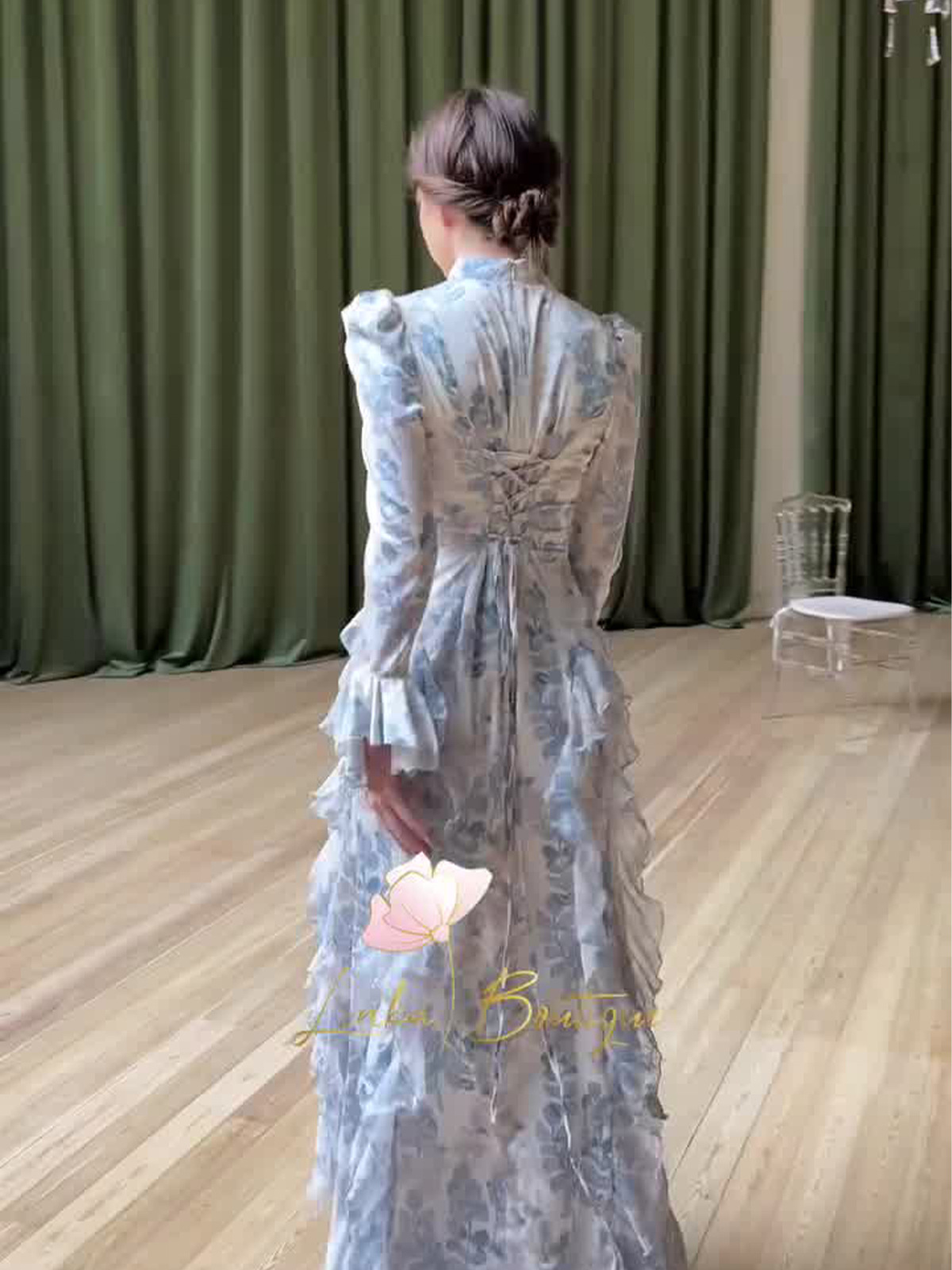 New in Spring Gentle Style Slim Fit Lace Up Printed Satin Dress Long Sleeved Long Dress for Women Elegent Woman Clothing - detail 4