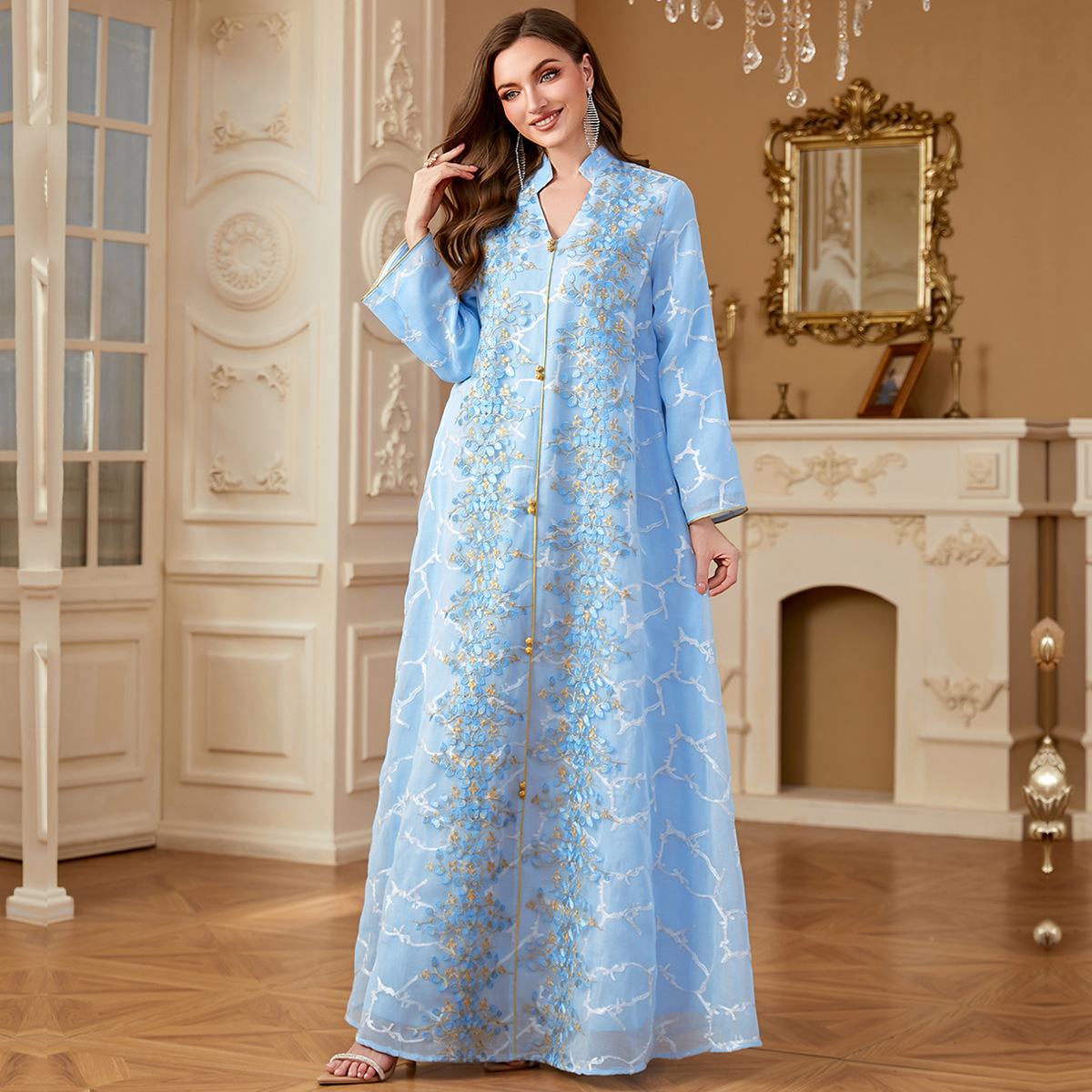Ramadan Dubai Woman’s Abayas Embroidered Sequin Floral Patter V-Neck Elegant Casual Kebaya Muslim Long Dress - detail 1