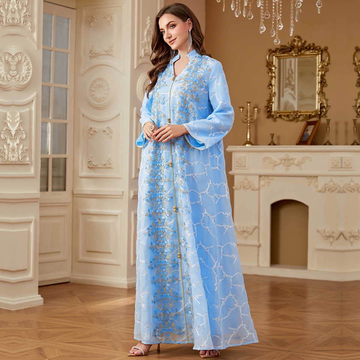 Ramadan Dubai Woman’s Abayas Embroidered Sequin Floral Patter V-Neck Elegant Casual Kebaya Muslim Long Dress - detail 4