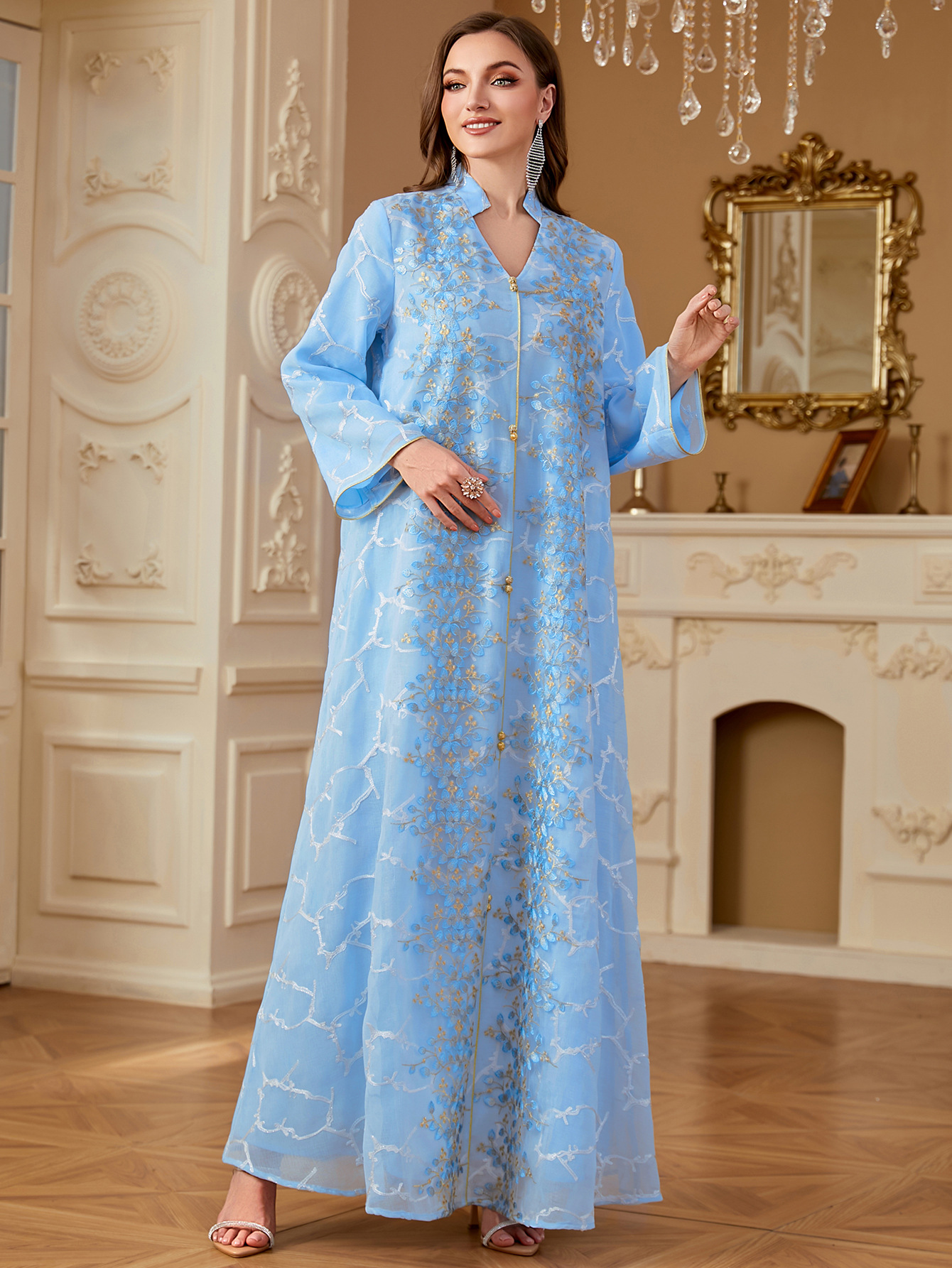 Ramadan Dubai Woman’s Abayas Embroidered Sequin Floral Patter V-Neck Elegant Casual Kebaya Muslim Long Dress - detail 5