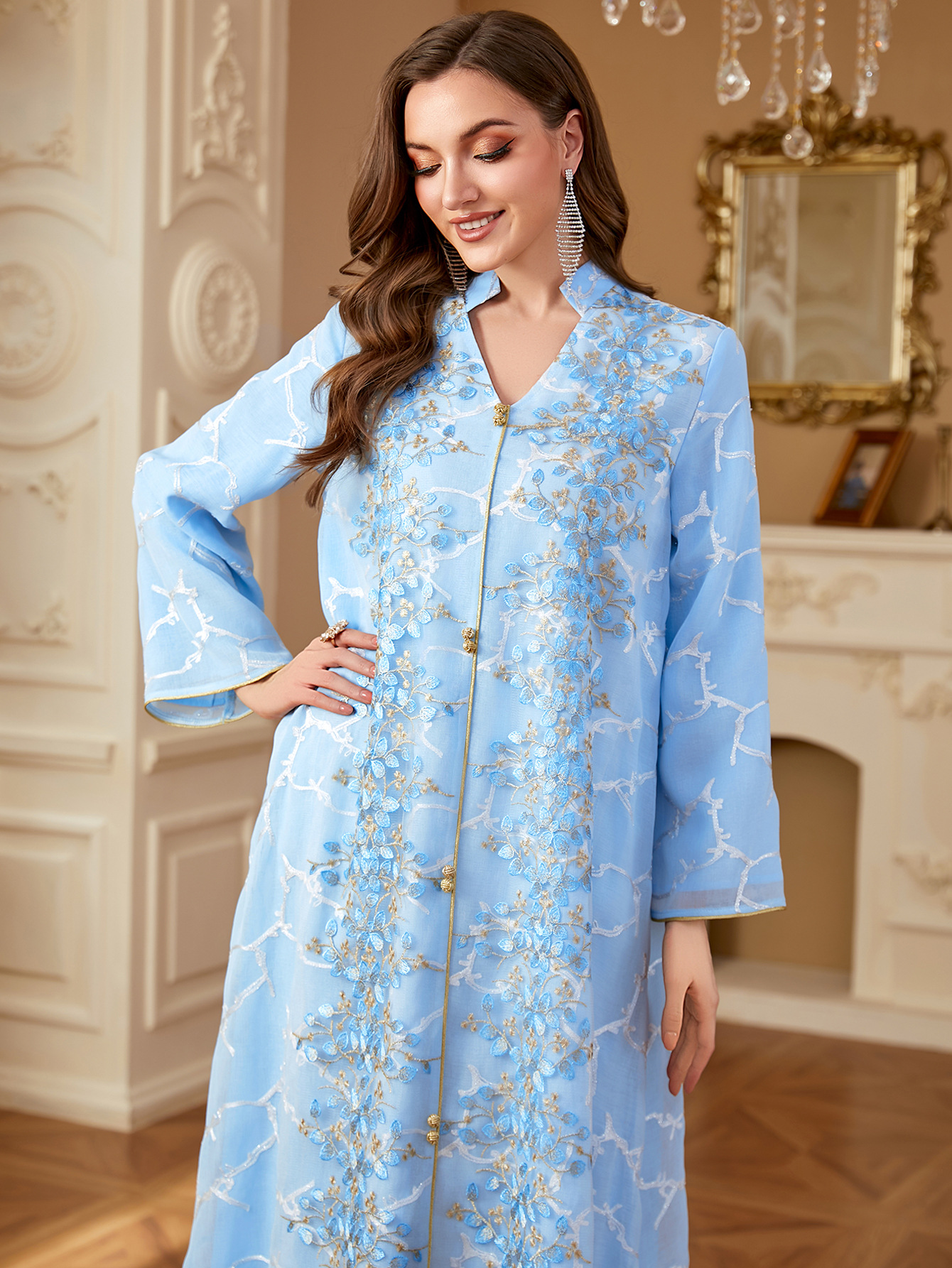 Ramadan Dubai Woman’s Abayas Embroidered Sequin Floral Patter V-Neck Elegant Casual Kebaya Muslim Long Dress - detail 6