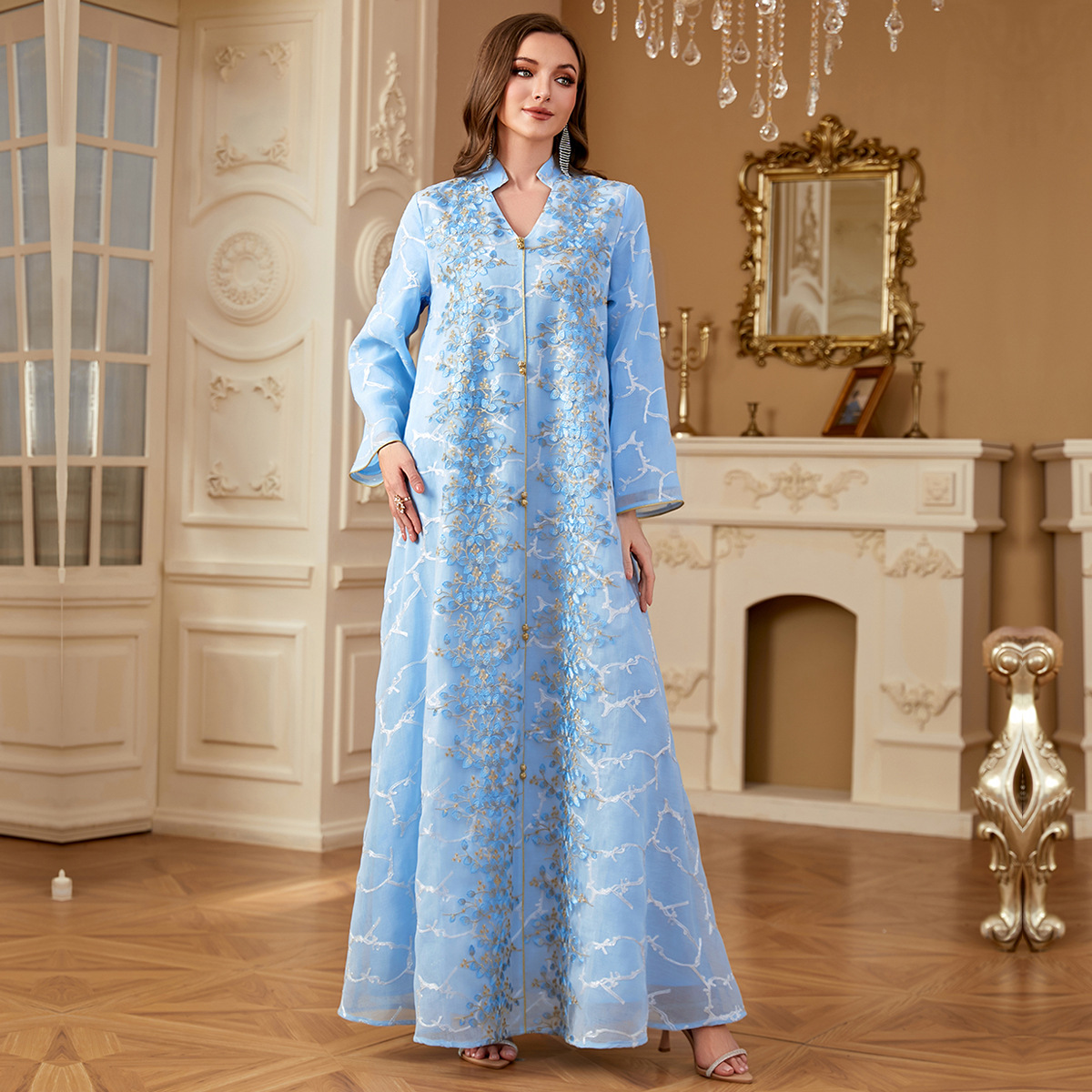 Ramadan Dubai Woman’s Abayas Embroidered Sequin Floral Patter V-Neck Elegant Casual Kebaya Muslim Long Dress - detail 2