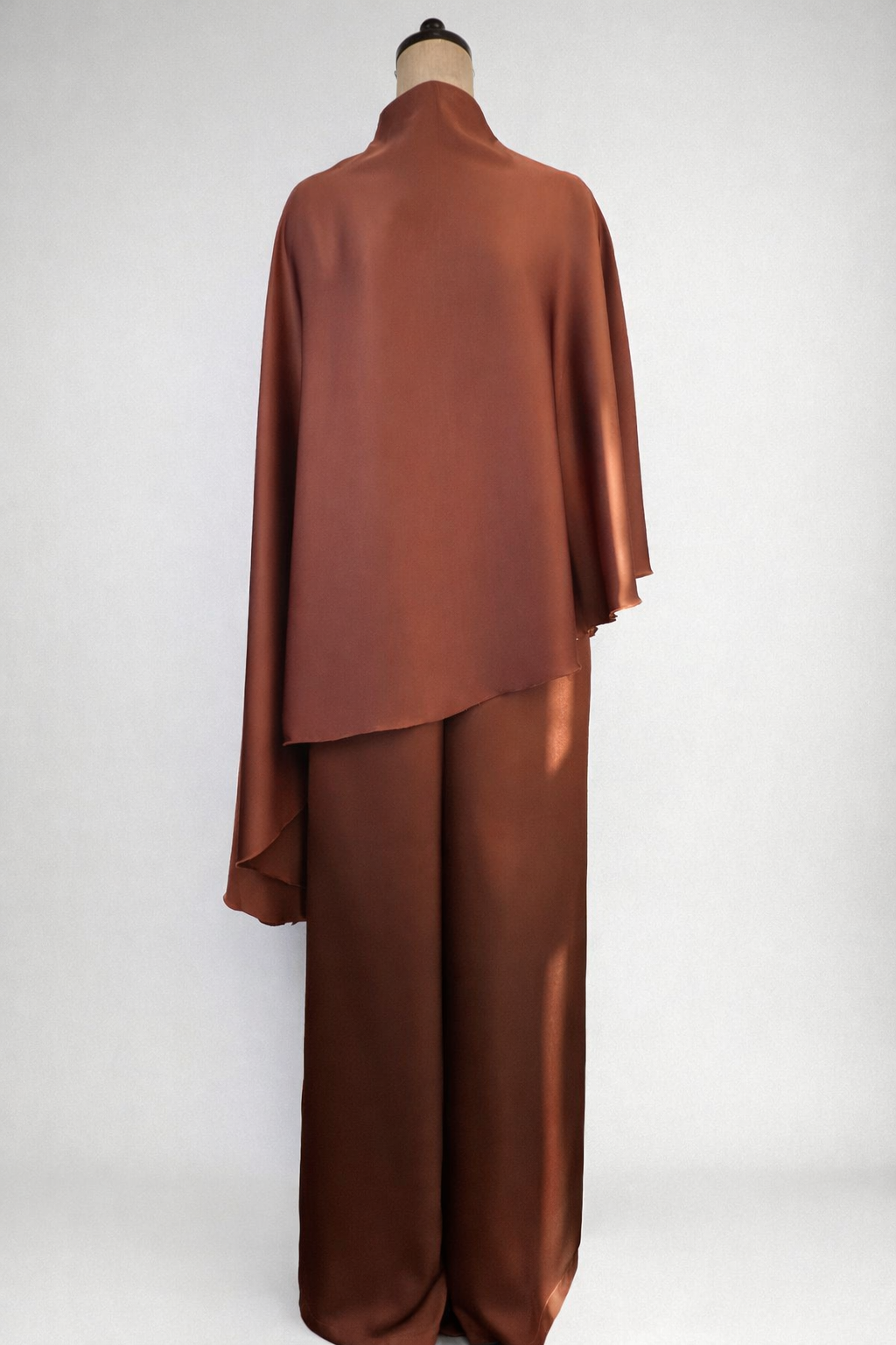 Women Elegant Hight Waist Solid 2Pc Outfits Casual Cape Sleeve Loose Satin Suit Fashion Stand Collar Irregular - detail 7