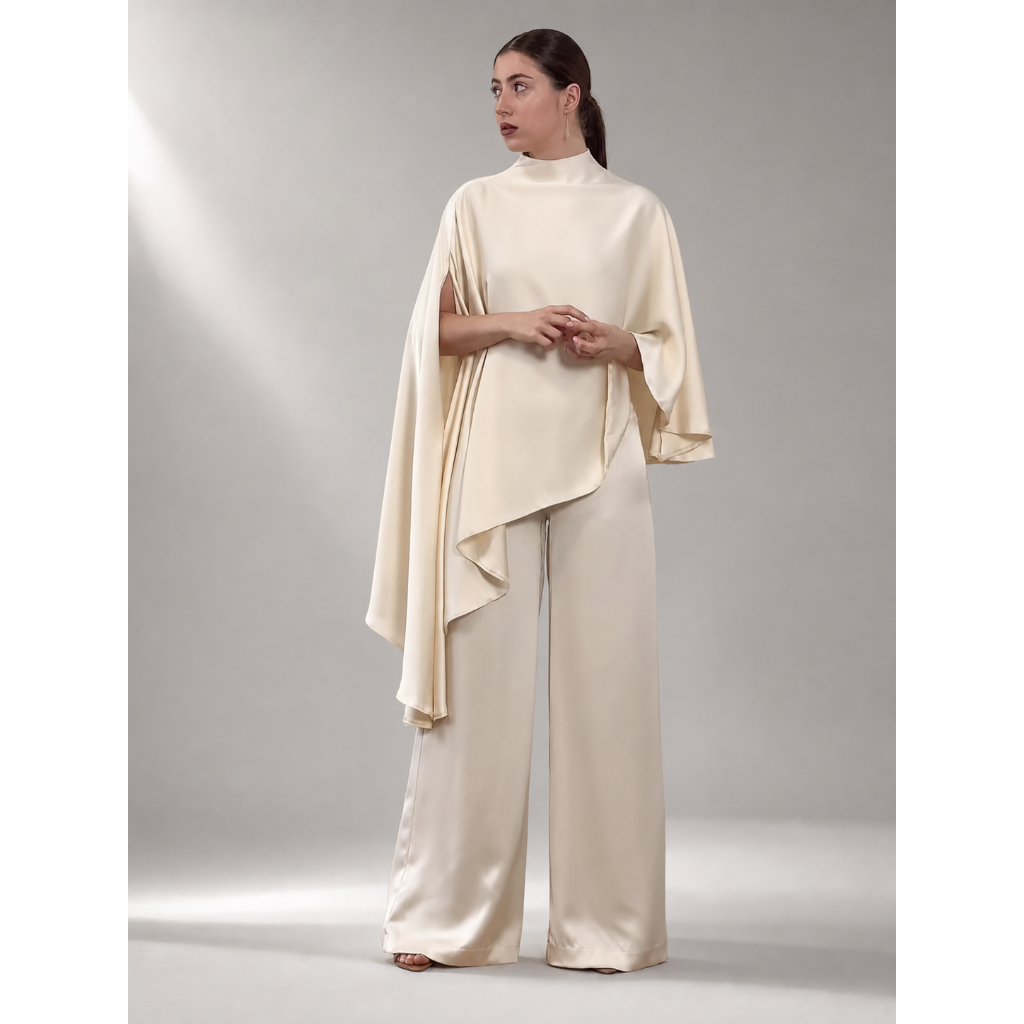 Women Elegant Hight Waist Solid 2Pc Outfits Casual Cape Sleeve Loose Satin Suit Fashion Stand Collar Irregular - detail 1