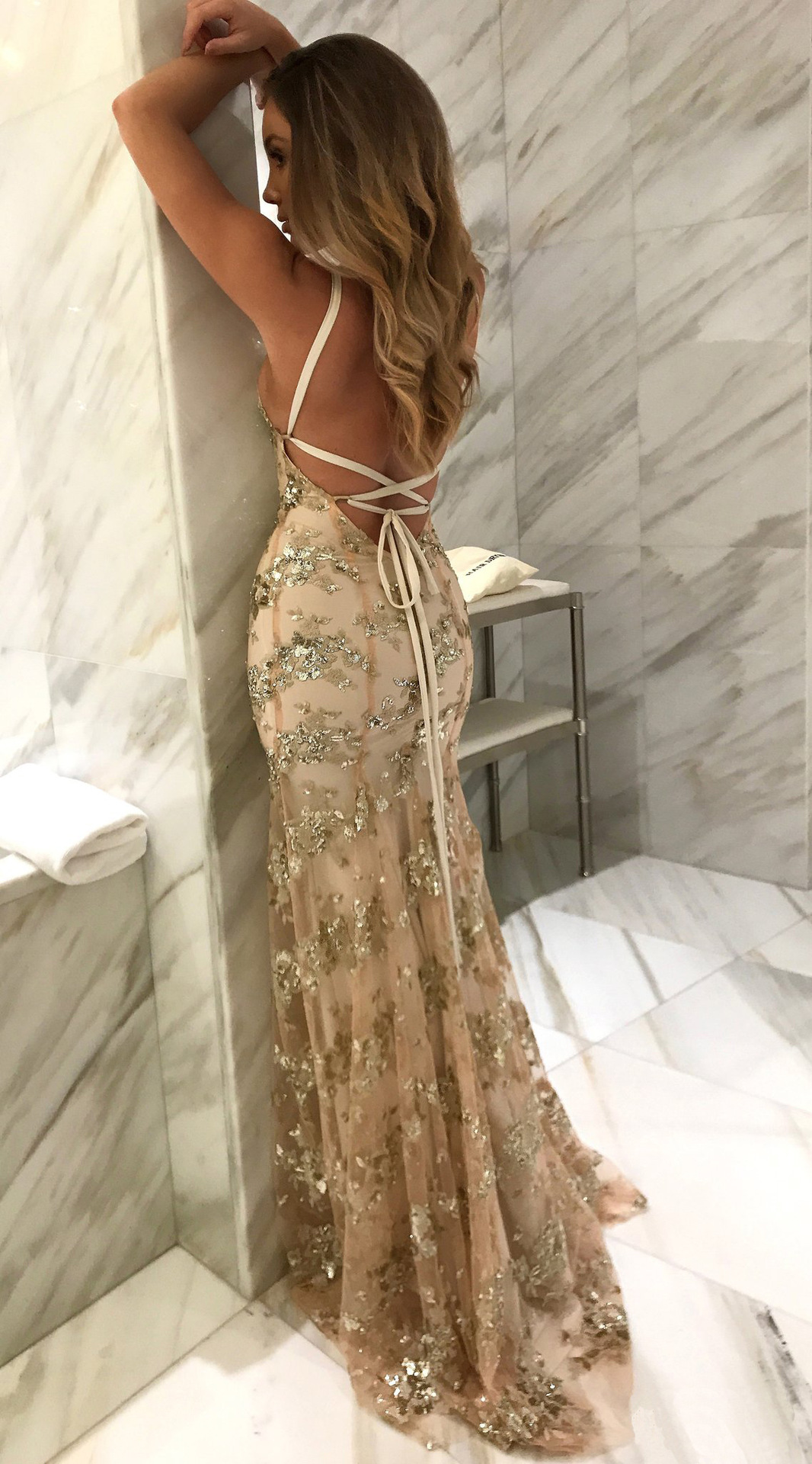 Luxury Women Mermaid Evening Wedding Spring Dress Spaghetti Strap Sequins Backless Prom Dress Party Maxi Gown - detail 12