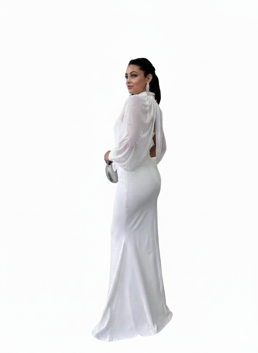 Elegant Arabic Women's Long Gown with Fish Tail Skirt High Collar Beaded Top Strapless Midi Dress for Middle East Ladies - detail 1