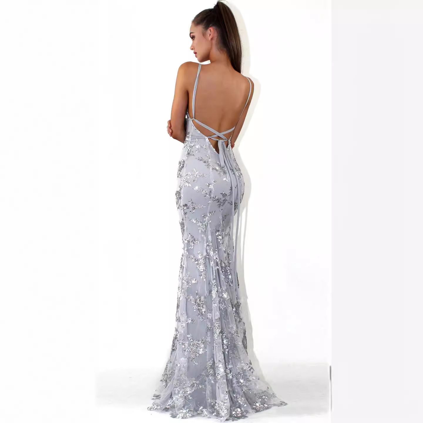 Luxury Women Mermaid Evening Wedding Spring Dress Spaghetti Strap Sequins Backless Prom Dress Party Maxi Gown - detail 5