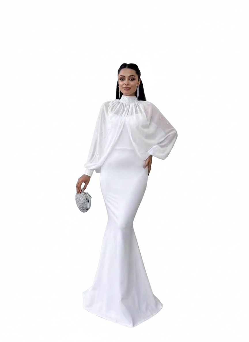 Elegant Arabic Women's Long Gown with Fish Tail Skirt High Collar Beaded Top Strapless Midi Dress for Middle East Ladies - detail 7