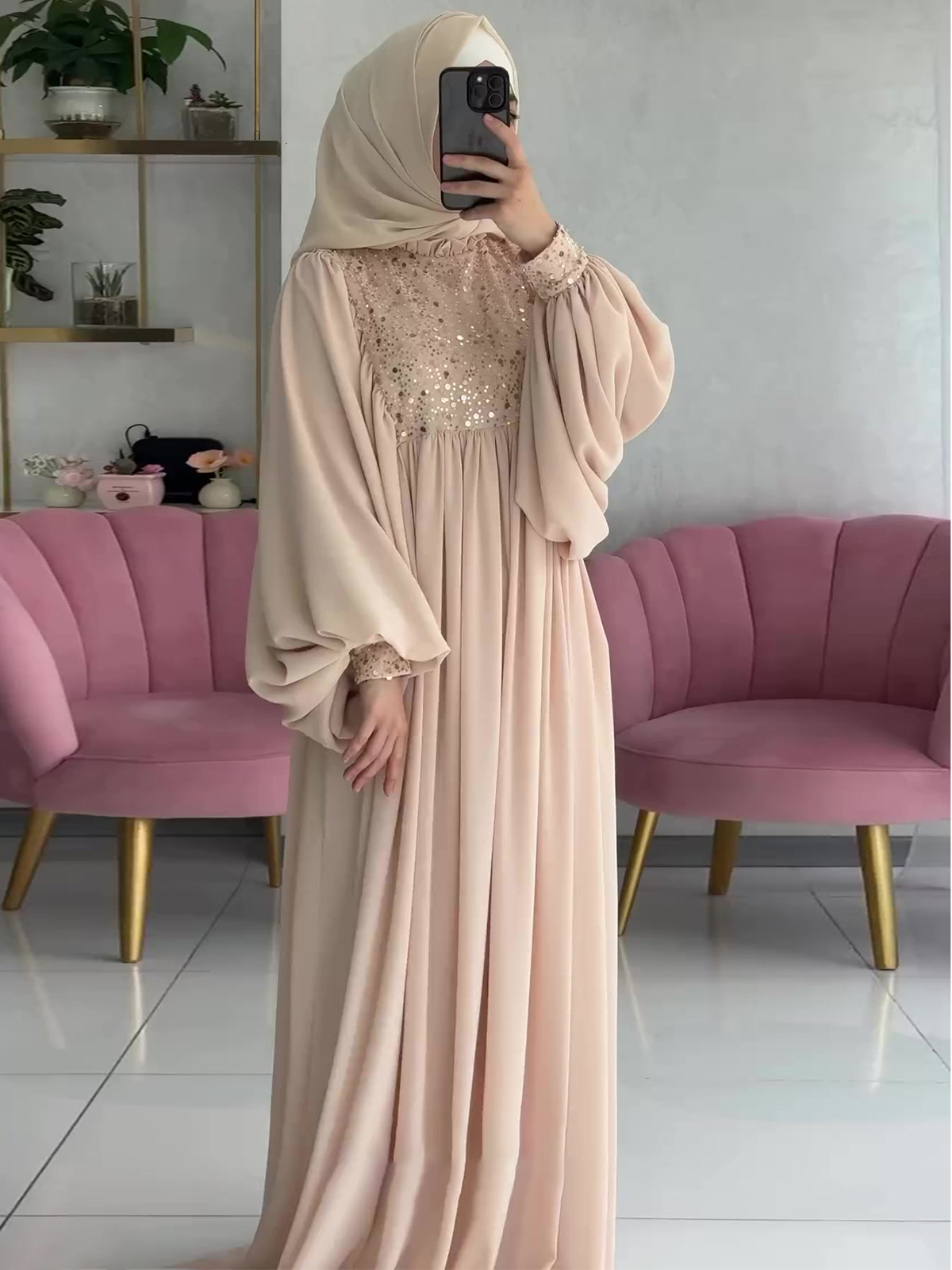 Muslim Fashion Abayas Women's Elegant Party Dress Sequins Splices Loose Robe Ramadan Kaftan Dubai Islamic - detail 1