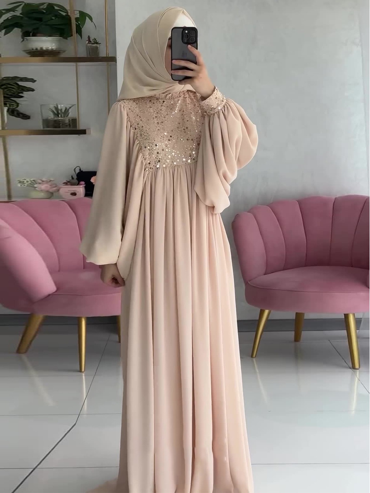 Muslim Fashion Abayas Women's Elegant Party Dress Sequins Splices Loose Robe Ramadan Kaftan Dubai Islamic - detail 2