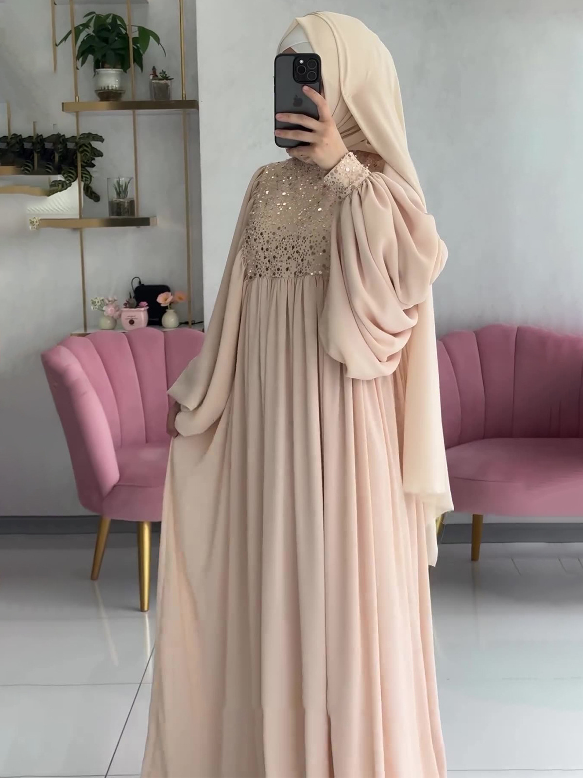 Muslim Fashion Abayas Women's Elegant Party Dress Sequins Splices Loose Robe Ramadan Kaftan Dubai Islamic - detail 4