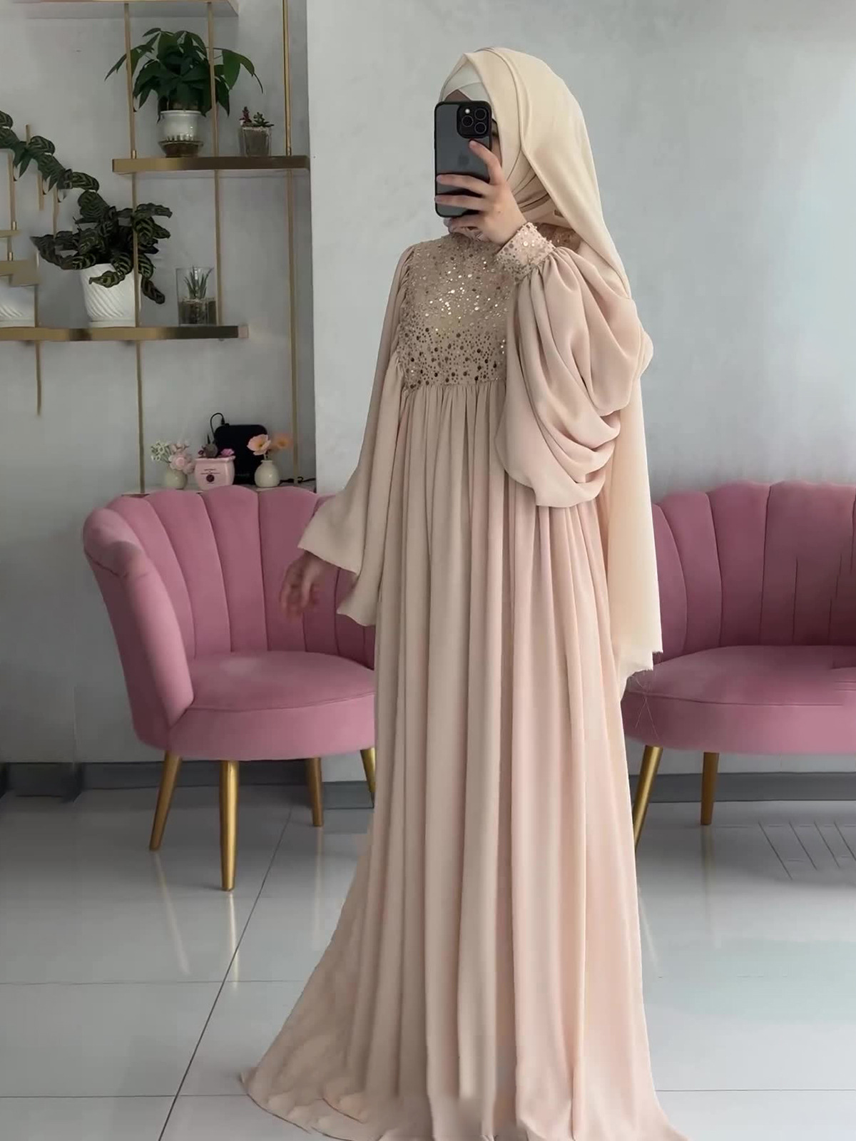 Muslim Fashion Abayas Women's Elegant Party Dress Sequins Splices Loose Robe Ramadan Kaftan Dubai Islamic - detail 3