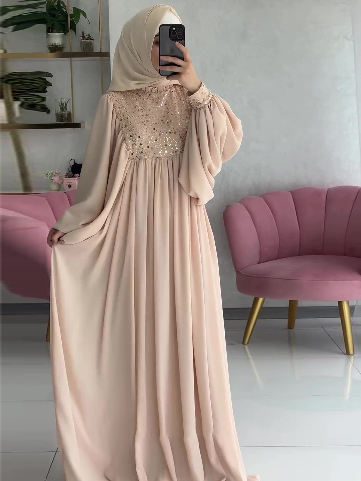 Muslim Fashion Abayas Women's Elegant Party Dress Sequins Splices Loose Robe Ramadan Kaftan Dubai Islamic - detail 5