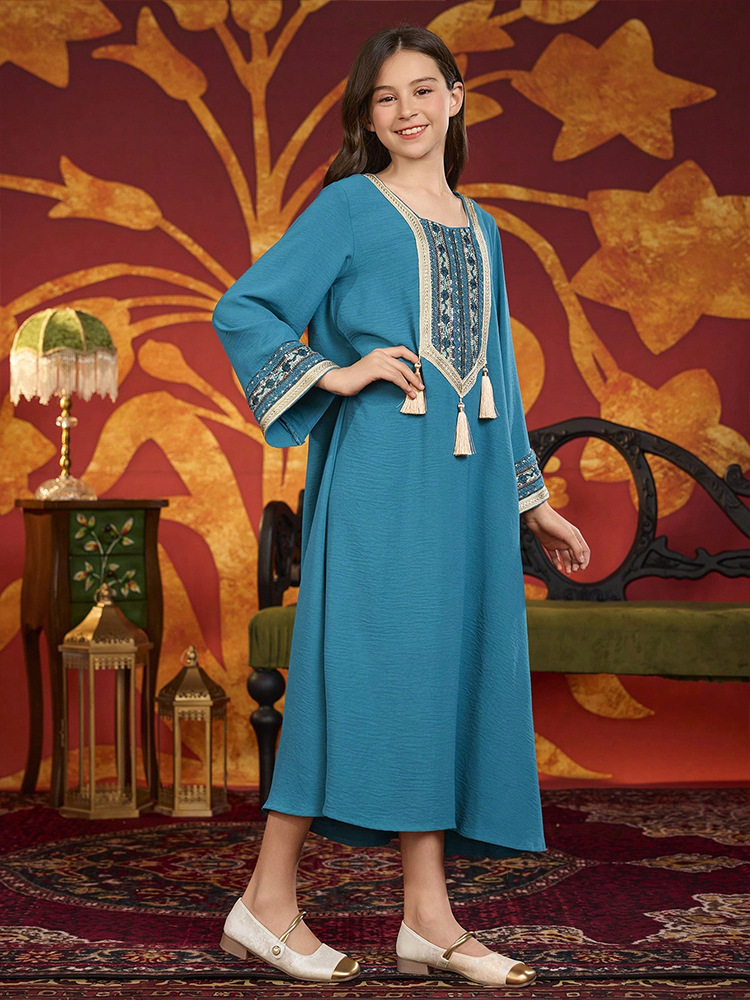 Dubai Muslim Kids Girls Embroidery Maxi Dress Robe Prayer Ramadan Loose Children Islamic Clothing Arabic Abaya - detail 3