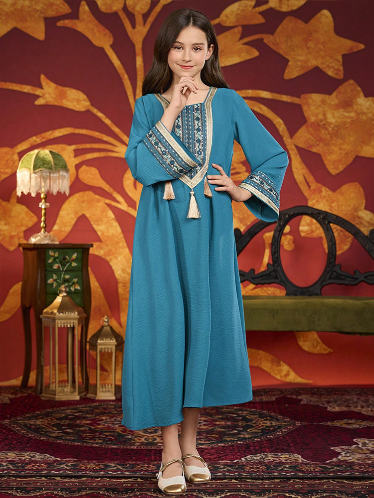 Dubai Muslim Kids Girls Embroidery Maxi Dress Robe Prayer Ramadan Loose Children Islamic Clothing Arabic Abaya - detail 7