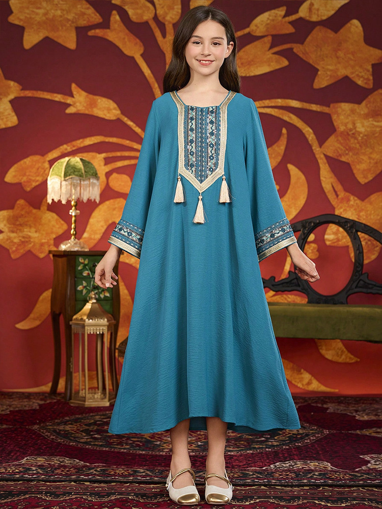 Dubai Muslim Kids Girls Embroidery Maxi Dress Robe Prayer Ramadan Loose Children Islamic Clothing Arabic Abaya - detail 1