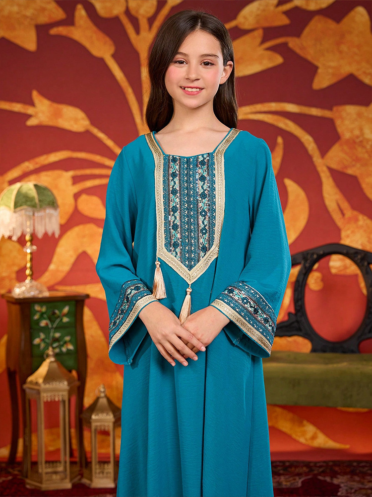 Dubai Muslim Kids Girls Embroidery Maxi Dress Robe Prayer Ramadan Loose Children Islamic Clothing Arabic Abaya - detail 11