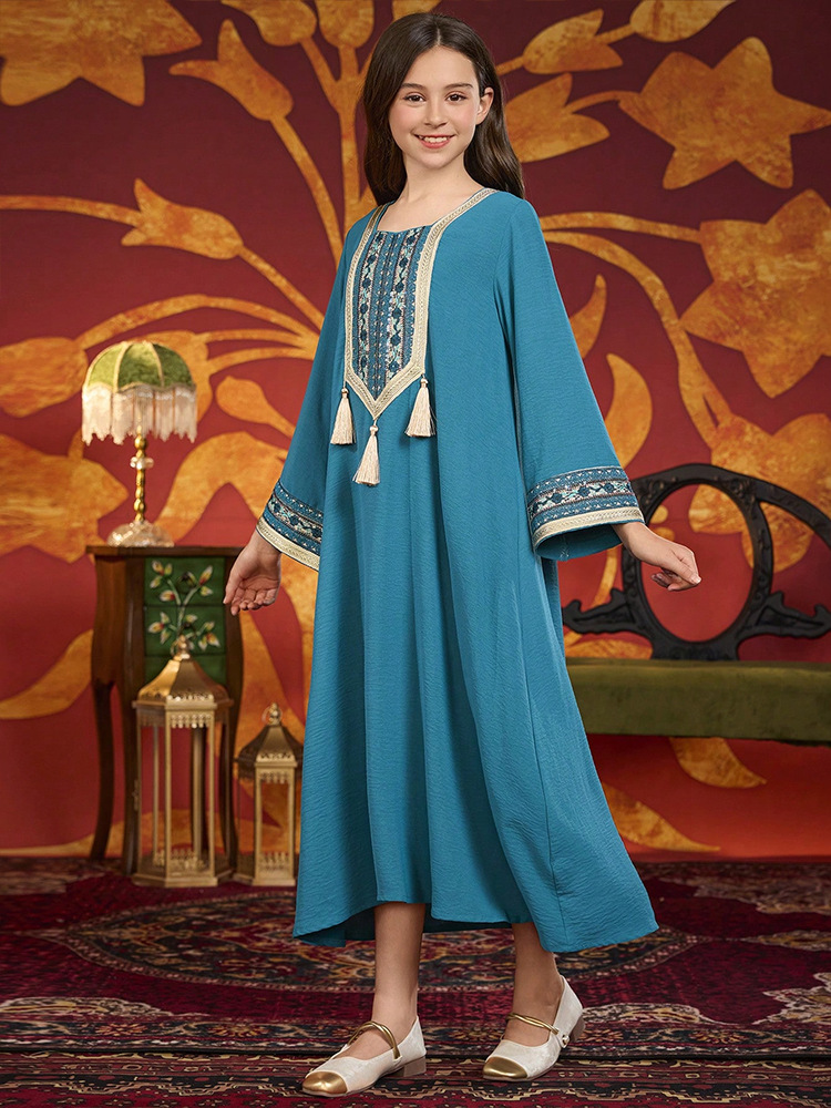 Dubai Muslim Kids Girls Embroidery Maxi Dress Robe Prayer Ramadan Loose Children Islamic Clothing Arabic Abaya - detail 10