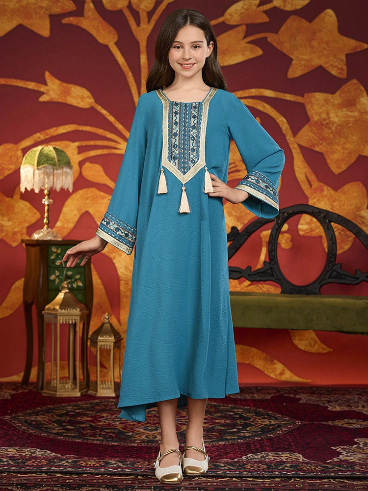 Dubai Muslim Kids Girls Embroidery Maxi Dress Robe Prayer Ramadan Loose Children Islamic Clothing Arabic Abaya - detail 8