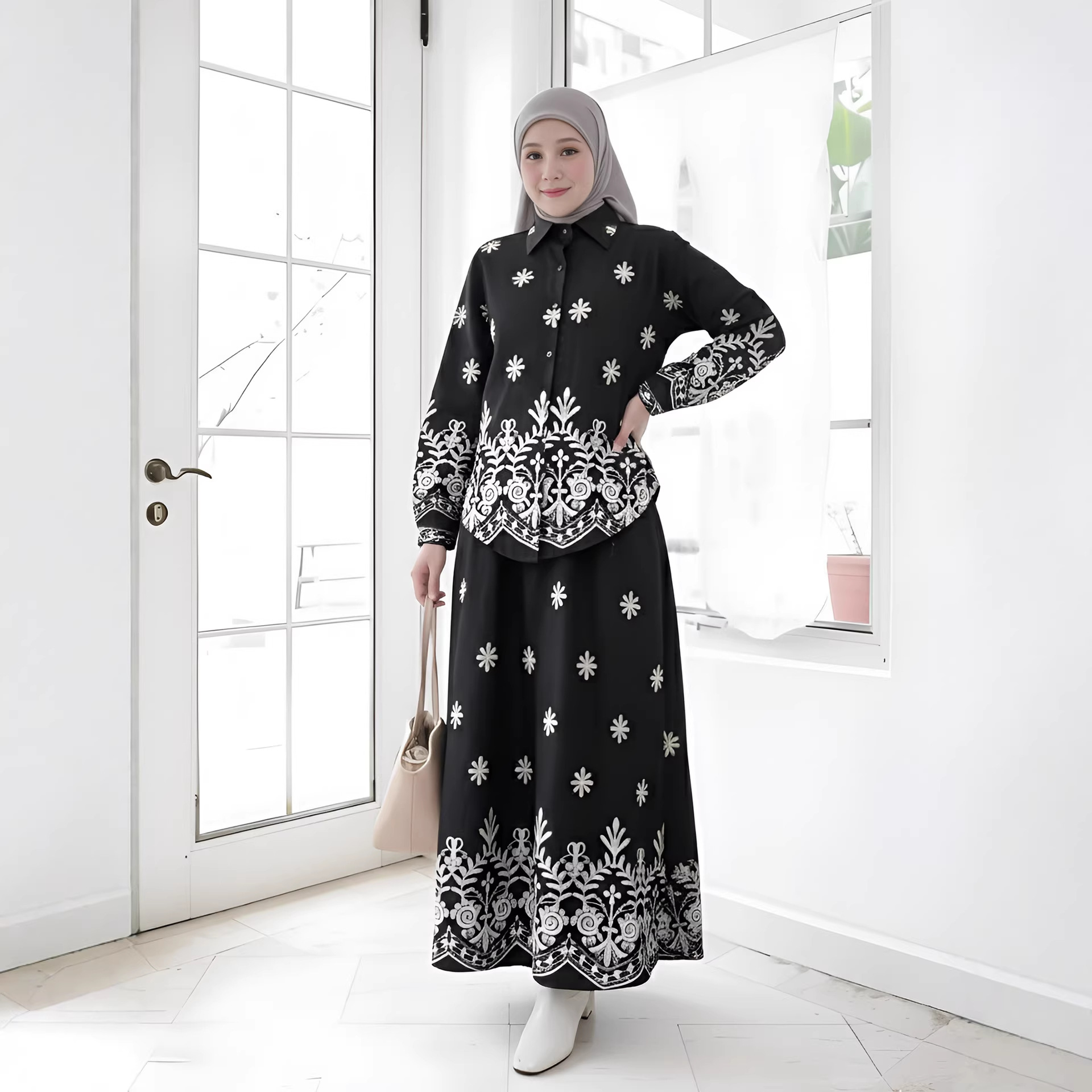 Women Print Blouse Long Skirt 2 Piece Set Muslim Button Blusa Jalabiya Ramadan Dubai Arab Long Spring - detail 1