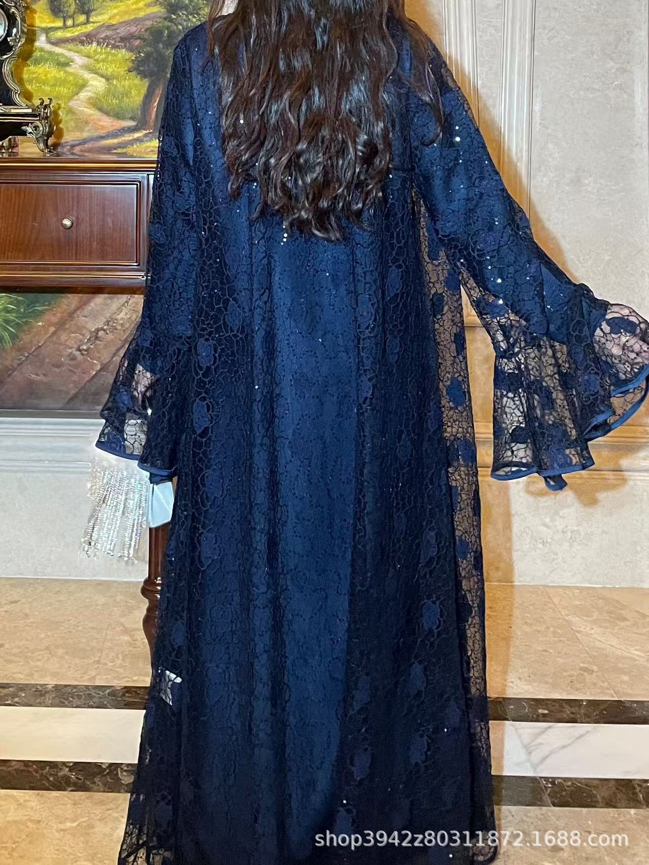 Muslim Party Women's Suits Lace Flare Sleeve Shawl Coat and Long Dress Two Piece Set Spring Elegant Solid Color Outfit - detail 6